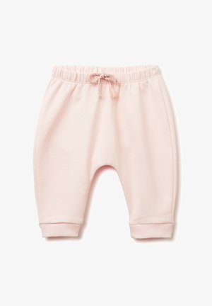 Světle růžové bavlněné tepláky s elastickým pasem, šňůrkou na stažení a žebrovanými manžetami. Mají volný střih a hladkou texturu.