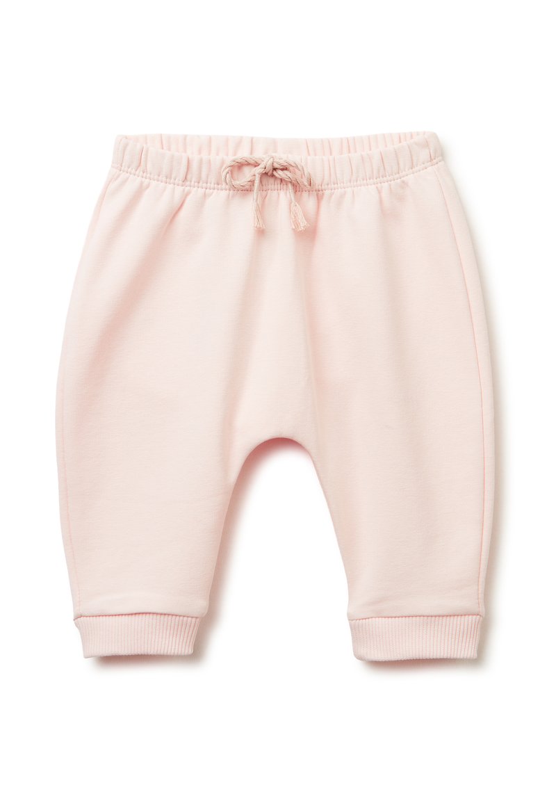 Světle růžové bavlněné tepláky s elastickým pasem, šňůrkou na stažení a žebrovanými manžetami. Mají volný střih a hladkou texturu.