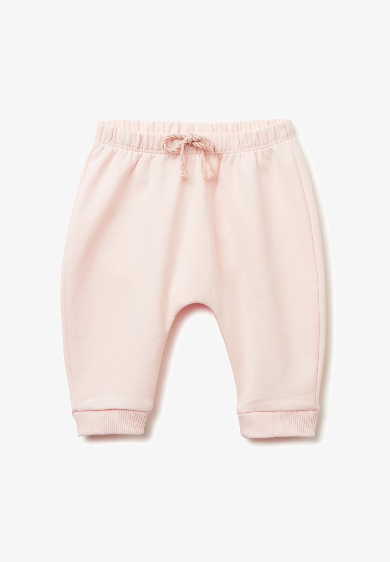 Světle růžové bavlněné tepláky s elastickým pasem, šňůrkou na stažení a žebrovanými manžetami. Mají volný střih a hladkou texturu.