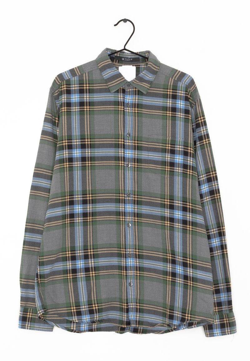 Camicia a maniche lunghe a quadri in grigio, verde, blu e marrone. Presenta un colletto classico, chiusura con bottoni e orlo curvo con una texture morbida.