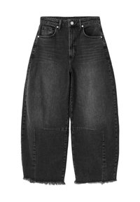 Jean en denim noir, taille haute, jambes larges, avec poches avant et arrière, fermeture à boutons et ourlet brut aux chevilles.
