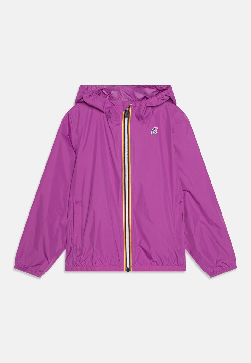 Lightweight purple jacket with a zipper front, hood, and elastic cuffs. Features a small logo on the chest and contrasting zipper colors.