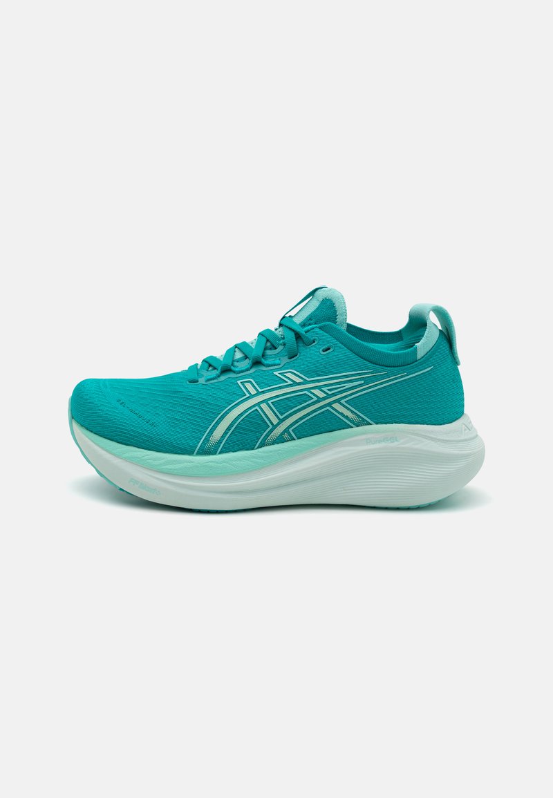 Aqua running shoe with a textured upper, lace-up design, and a thick white midsole. Features a logo and reflective accents.