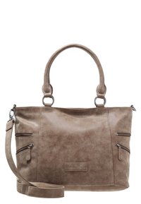 Taupe läder tote-väska med två topphandtag, en avtagbar axelrem och två zip-fickor fram. Slät yta, enkel design.