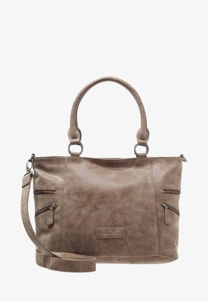 Torebkę na ramię w kolorze taupe, wykonaną ze skóry, z dwiema górnymi uchwytami, odpinanym paskiem na ramię i dwiema przednimi kieszeniami zapinanymi na zamek. Gładka tekstura, prosty design.