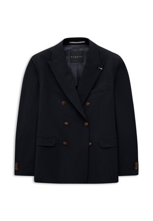 Schwarzer doppelreihiger Blazer mit sechs braunen Knöpfen, Revers mit Kerbe, zwei vorderen Pattentaschen und einer Brustleistentasche, von Bugatti.