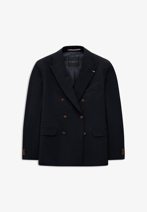Schwarzer doppelreihiger Blazer mit sechs braunen Knöpfen, Revers mit Kerbe, zwei vorderen Pattentaschen und einer Brustleistentasche, von Bugatti.
