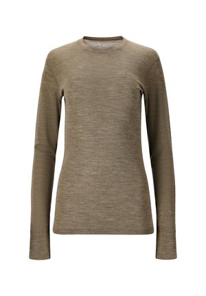 Langærmet crewneck skjorte i olivengrøn, lavet af blødt tekstureret stof, med en tætsiddende silhuet og diskret syning ved sømmene.