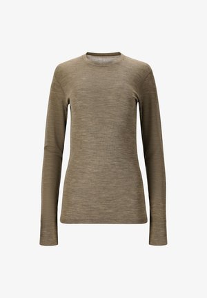 Langærmet crewneck skjorte i olivengrøn, lavet af blødt tekstureret stof, med en tætsiddende silhuet og diskret syning ved sømmene.