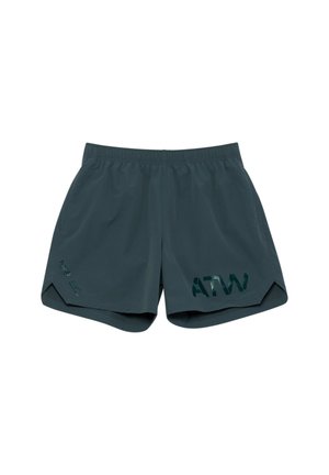 Donkergroene sportieve shorts met een elastische tailleband, voorzien van een glanzend "ATW"-logo aan de linkerkant en zijsplitsingen aan de onderkant.