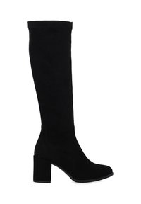 Schwarze Overkneestiefel aus Wildleder mit einem Blockabsatz und glatter Textur, die mit einem figurbetonten Design und ohne sichtbare Beschläge oder Muster ausgestattet sind.