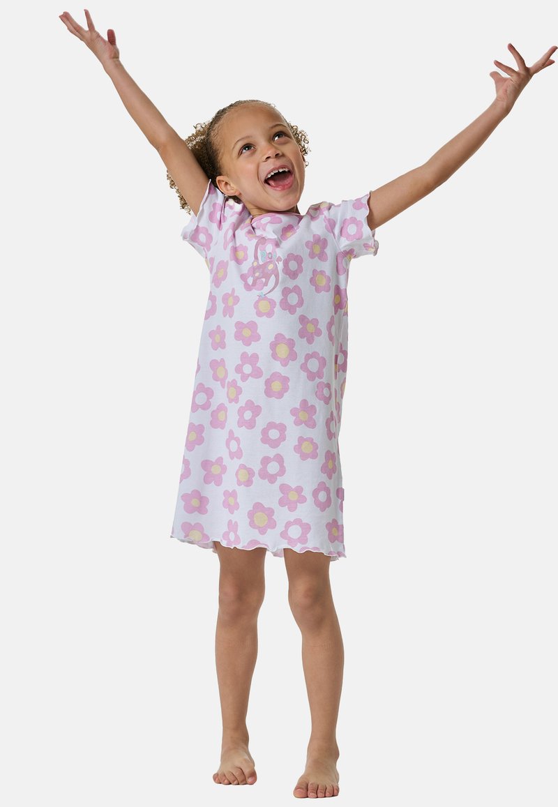 Kurzes, weißes Kleid mit pinken und gelben Blumenmustern, weichem Stoff, gewelltem Saum und entspannter Passform. Keine sichtbaren Beschläge.