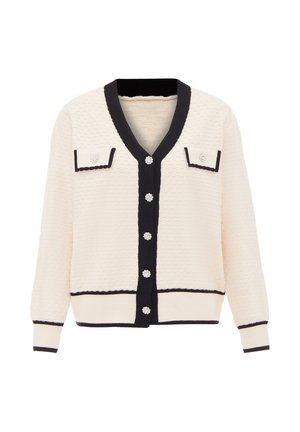 Cremfarbener Cardigan mit schwarzem Rand, der eine strukturierte Oberfläche, zwei Vordertaschen und dekorative Knöpfe mit floralen Motiven aufweist.