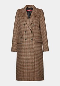 Abrigo de cuadro marrón de doble botonadura con cuello con muesca, mangas largas y dos bolsillos laterales. Confeccionado con una tela texturizada con costuras prominentes.