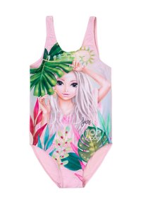 Costume da bagno con uno sfondo rosa e una grafica frontale di un personaggio circondato da vivaci foglie verdi e accenti di piante rosa.