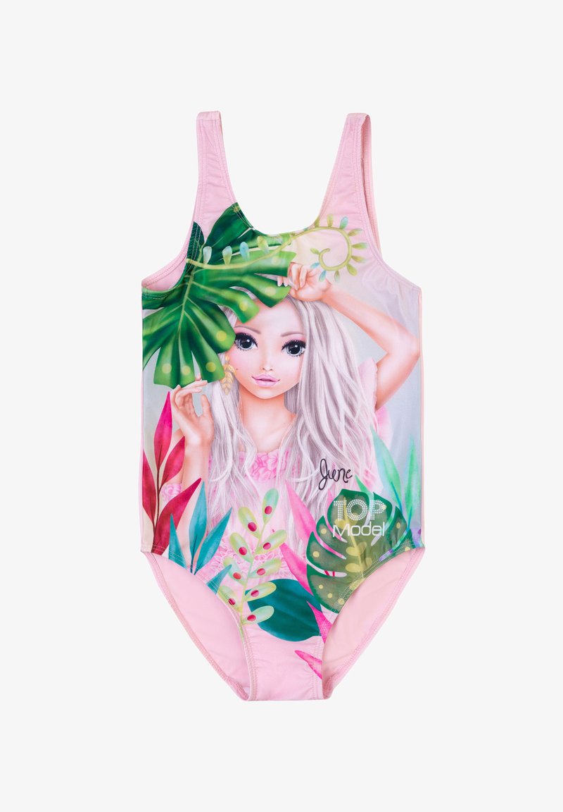 Costume da bagno con uno sfondo rosa e una grafica frontale di un personaggio circondato da vivaci foglie verdi e accenti di piante rosa.