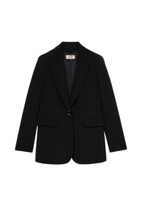 Blazer nero a un bottone con risvolti, tasche con patta e maniche lunghe, appeso su uno sfondo bianco.