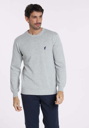 Pull en mailles grises avec des manches longues, un col rond et des poignets côtelés. Présente un petit logo de cheval navy sur la poitrine gauche.