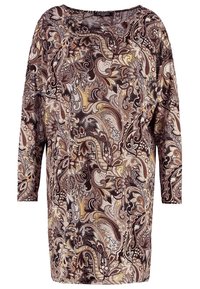 Długa tunika z długimi rękawami w kwiatowy wzór paisley, z brązowymi, złotymi i kremowymi odcieniami; luźny krój z szerokim dekoltem i miękkim materiałem.
