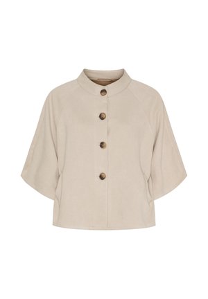 Beige kortærmet jakke med ståkrave og fire store brune knapper foran, med en løs, boxy pasform.
