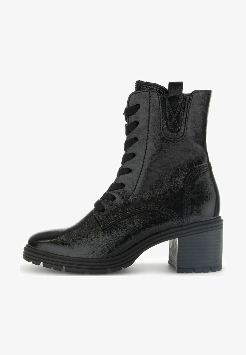 Black ankle boots with a glossy leather finish, round toe, lace-up front, and a block heel. Textured design with visible stitching accents.