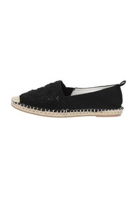 Zapato espadrille negro con parte superior de tela texturizada y suela de yute trenzado; presenta una puntera redonda y costuras decorativas a lo largo de la suela.