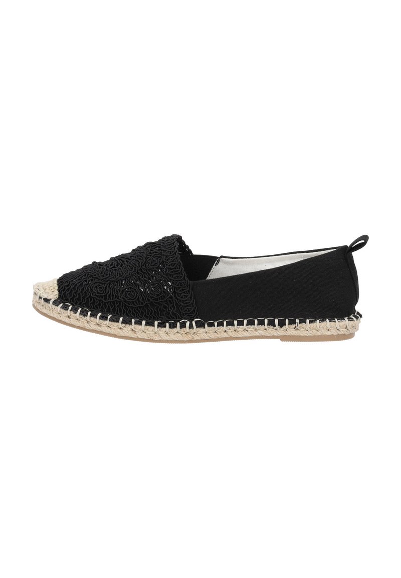 Zapato espadrille negro con parte superior de tela texturizada y suela de yute trenzado; presenta una puntera redonda y costuras decorativas a lo largo de la suela.