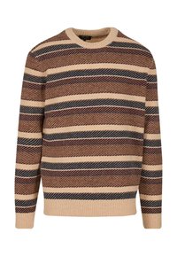 Maglione lavorato a maglia con strisce orizzontali in tonalità di beige, marrone e blu navy. Collo a girocollo e polsini a coste con una finitura testurizzata.