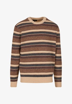 Knit sweater featuring horizontal stripes in shades of beige, brown, and navy. Ribbed crew neckline and cuffs with a textured finish.