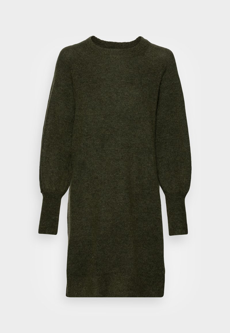Gebreide jurk in donkergroen. Ronde halslijn, lange pofmouwen met geribbelde manchetten en een rechte snit. Zachte textuur.