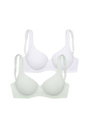 Two smooth-cup bras, one white and one light green, each with adjustable straps and scalloped trim along the edges.