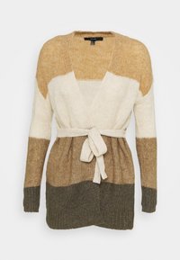 Knit cardigan featuring a wrap design with beige, brown, and olive stripes, long sleeves, and a tied belt at the waist.