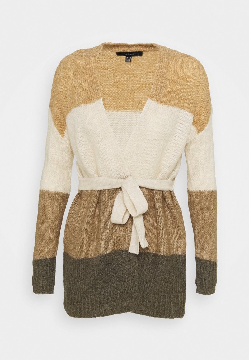 Knit cardigan featuring a wrap design with beige, brown, and olive stripes, long sleeves, and a tied belt at the waist.