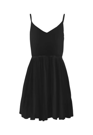 Vestito nero con spalline sottili, scollo a V, corpino aderente e gonna svasata realizzata in materiale leggero con una finitura texturizzata.