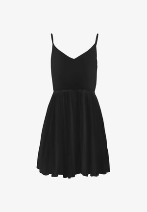 Vestito nero con spalline sottili, scollo a V, corpino aderente e gonna svasata realizzata in materiale leggero con una finitura texturizzata.