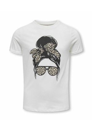 White T-shirt featuring a black graphic with a hairstyle, leopard print bow, and sunglasses. Smooth texture, short sleeves, crew neck design.