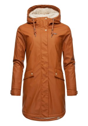 Water-resistant brown coat with a fluffy white lining, adjustable hood, snap buttons, and front pockets. Mid-length with a straight cut.