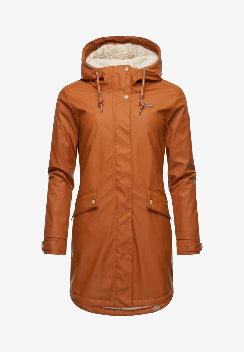 Water-resistant brown coat with a fluffy white lining, adjustable hood, snap buttons, and front pockets. Mid-length with a straight cut.