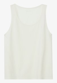 White tank top made of cotton with a rounded neckline and sleeveless design. Features a small embroidered logo on the upper left side.