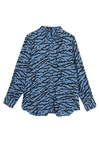 Camicia a maniche lunghe con motivo a strisce di tigre blu chiaro e nero, chiusura frontale con bottoni, colletto a punta e texture morbida del tessuto.
