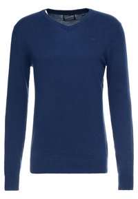 Navy blue V-neck long-sleeve sweater with ribbed cuffs and hem, made of fine knit fabric.