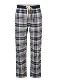 Pantalones de lounge a cuadros en gris, azul marino y beige. Fabricados con tela suave y cuenta con una cintura elástica y cordón para un ajuste ajustable.