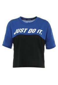 Top atlético de manga corta en azul y negro con el texto "SIMPLEMENTE HAZLO". Presenta un diseño de malla contrastante en la mitad inferior para ventilación.
