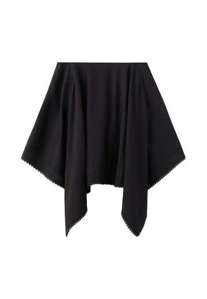 Black asymmetrical skirt with pointed hem and subtle lace trim detailing along edges, displayed on a white background.