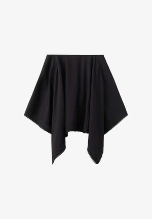 Black asymmetrical skirt with pointed hem and subtle lace trim detailing along edges, displayed on a white background.