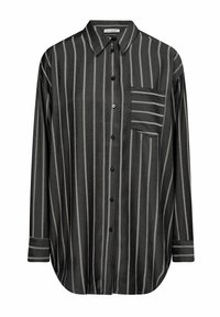 Black and gray striped button-up shirt with long sleeves, front pocket, and a curved hem. Made from a lightweight fabric.