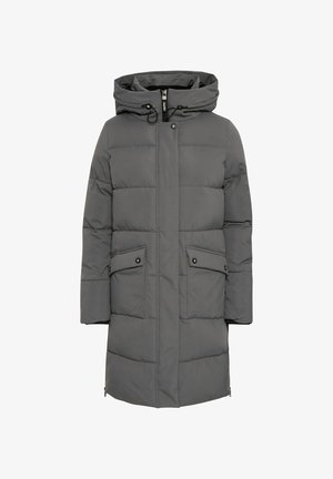 Grå pufferjakke med hette, med glidelås foran og to frontlommer med trykknapper. Glatt tekstur og midtlengde design.