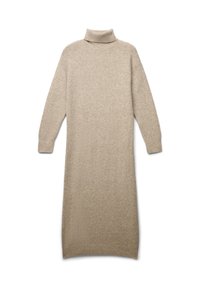 Robe col roulé beige en tissu doux et texturé. Manches longues et coupe décontractée s'étendent jusqu'à mi-mollet. Pas de motifs ou d'accents visibles.