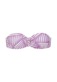 Haut de bikini bandeau à motif de feuilles tropicales violettes et blanches, avec un détail froncé central et un accent rectangulaire doré.