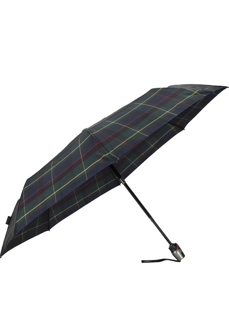 Zwarte en donkergroene geruite paraplu met een slanke metalen steel en een zilveren handvat. Voorzien van een lus voor gemakkelijk dragen.